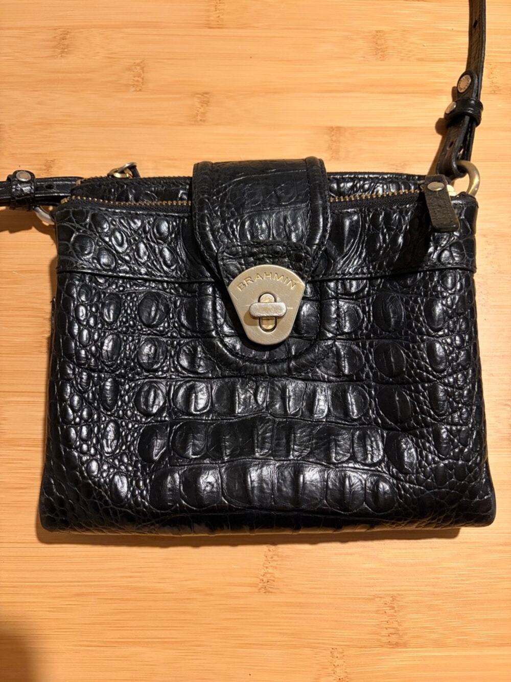 Brahmin Mojito Black Melbourne Croc Leather Crossbody Bag